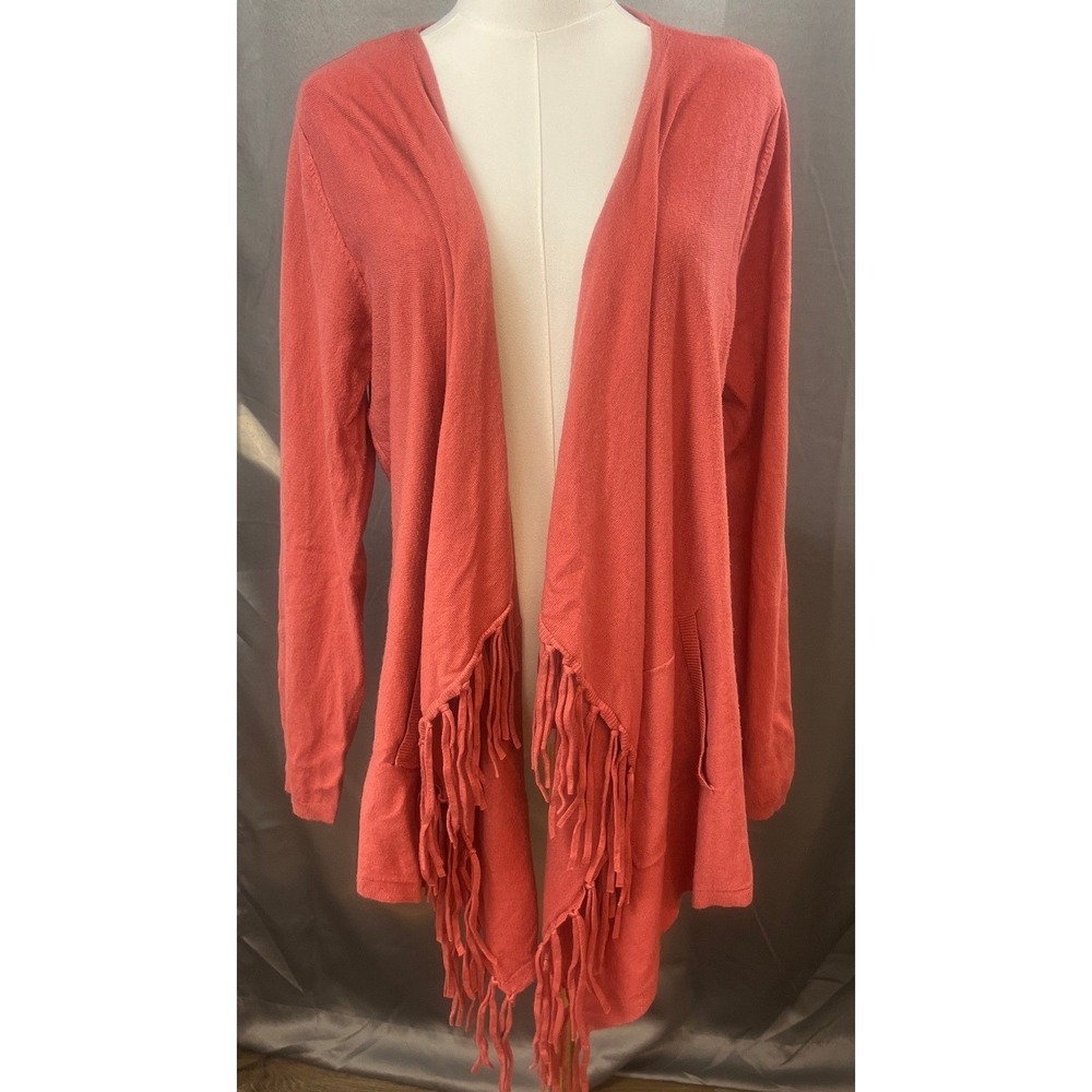 Vila Milano Womens Large Cardigan Fringe Western Boho Coral Knit Open Sweater